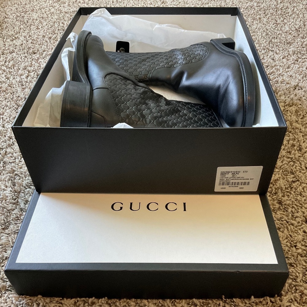 Gucci Black Leather Calf-high Embroidered Boots